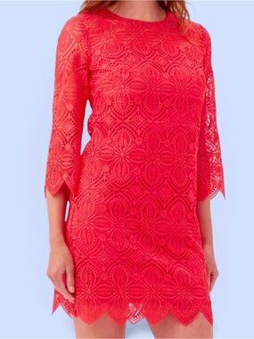 NWT Trina Turk Coral Guipure Lace Sheath Dress Scalloped Bell Sleeve Sz 8 $368